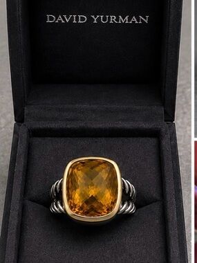 David Yurman Honey Citrine Cushion Ring with Two-Tone Cable Band